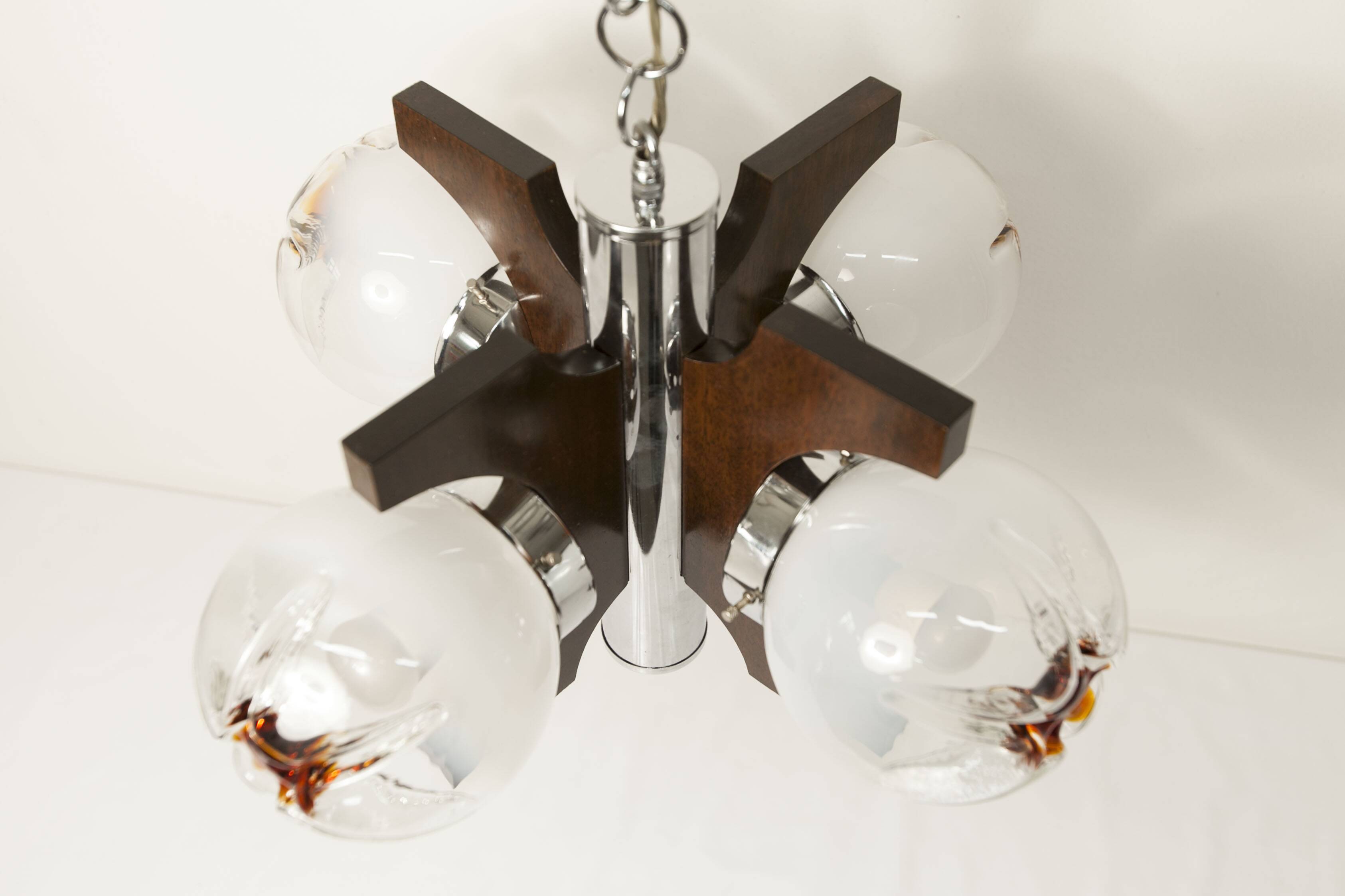 Mazzega Murano chandelier with 4 balls and teak, 1960