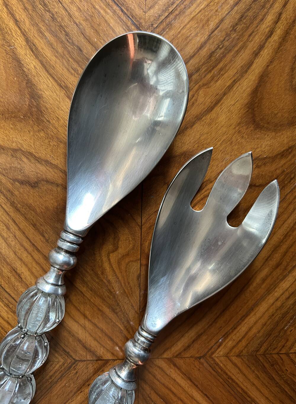 Vintage salad set – silver-plated metal and blown glass handles