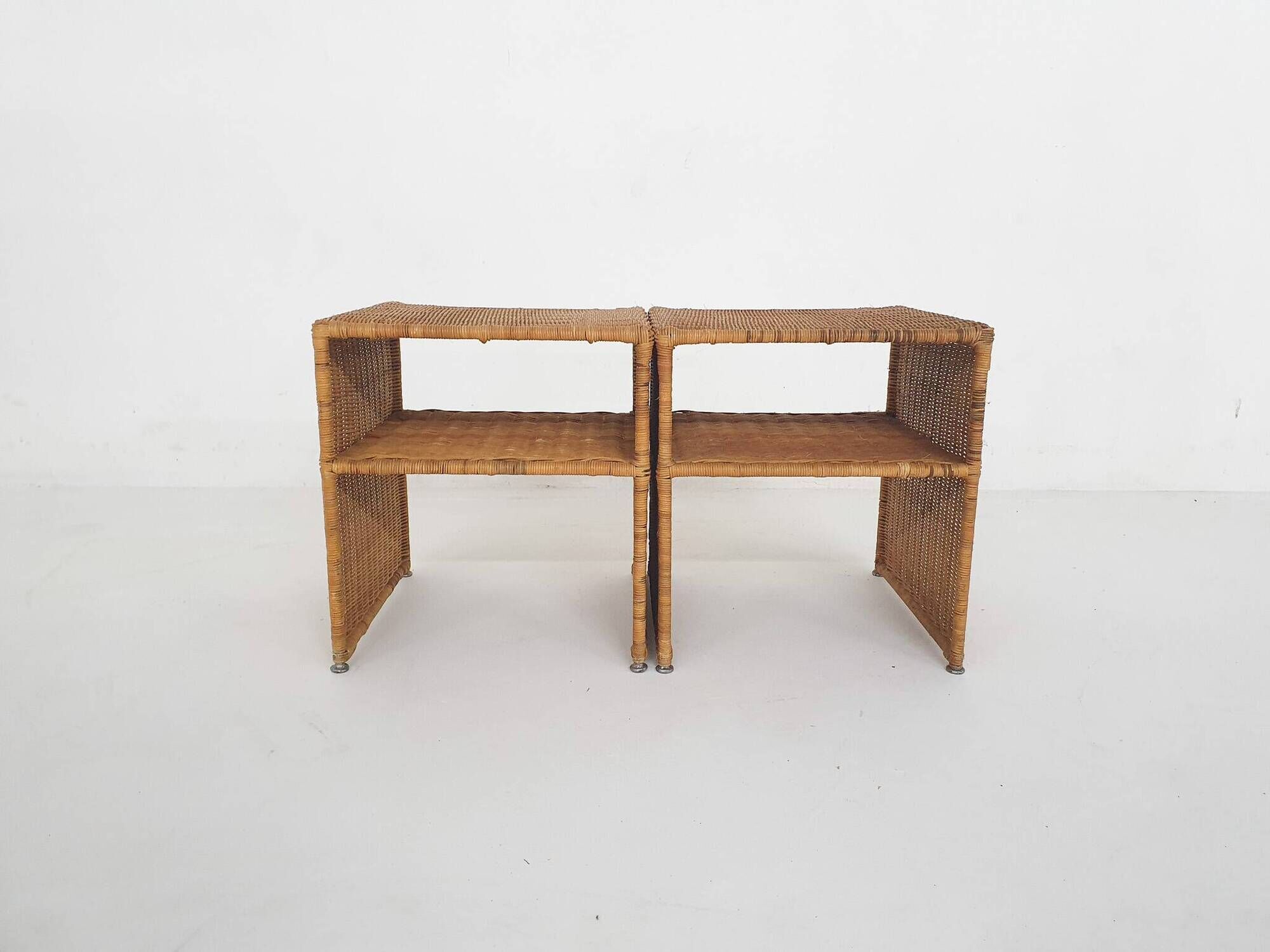 Set of two wicker bed side tables, France 1960's
