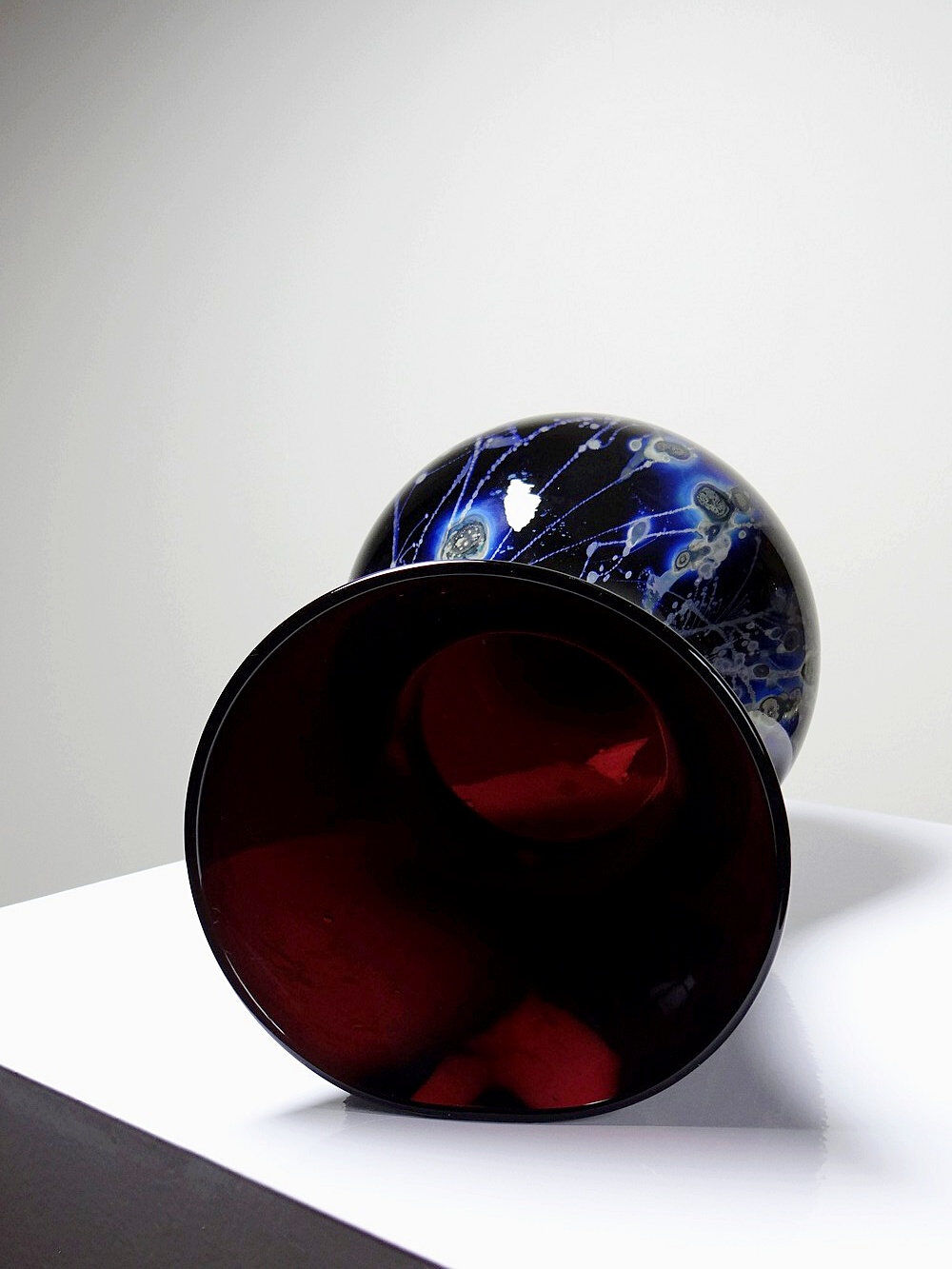 Large vintage purple art glass vase with silver glitter inclusions.