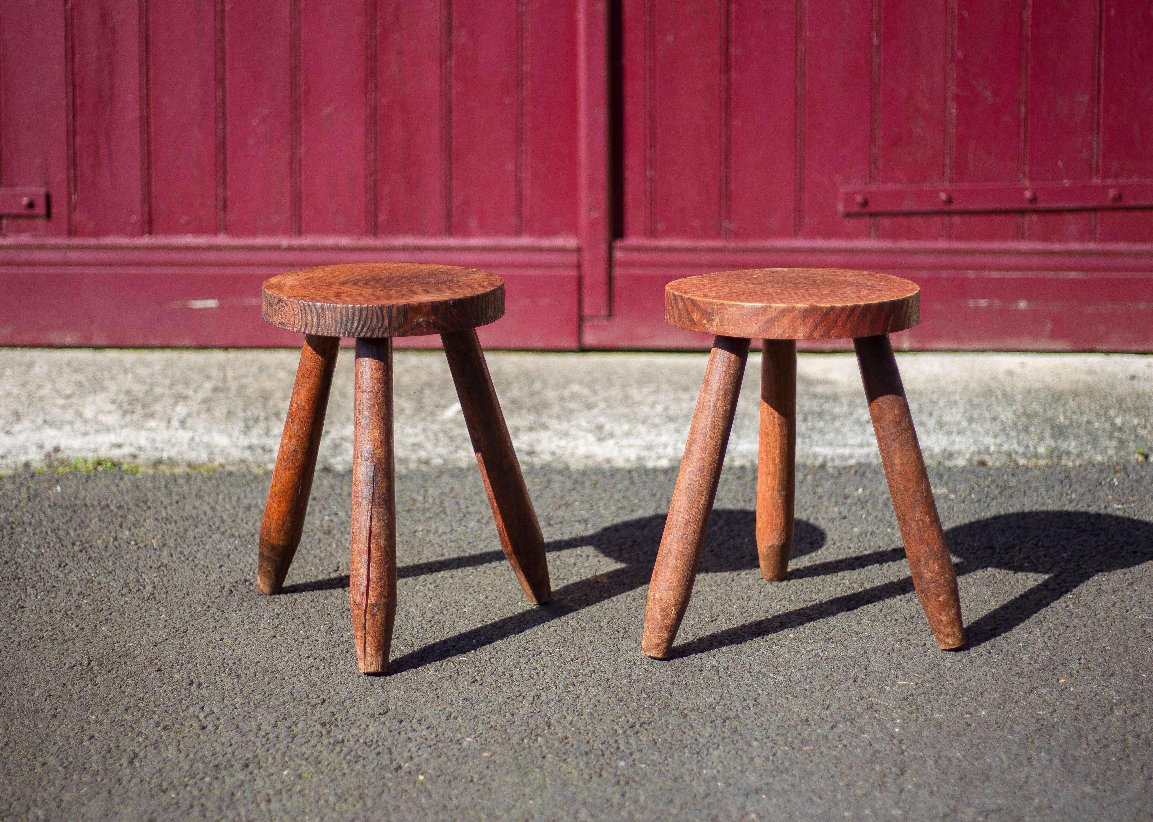 Pair of vintage stools, wooden stool, tripod stool, plant holder