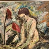 Peinture à l'huile sur panneau suédoise « Femmes abstraites et fleurs », milieu XXème