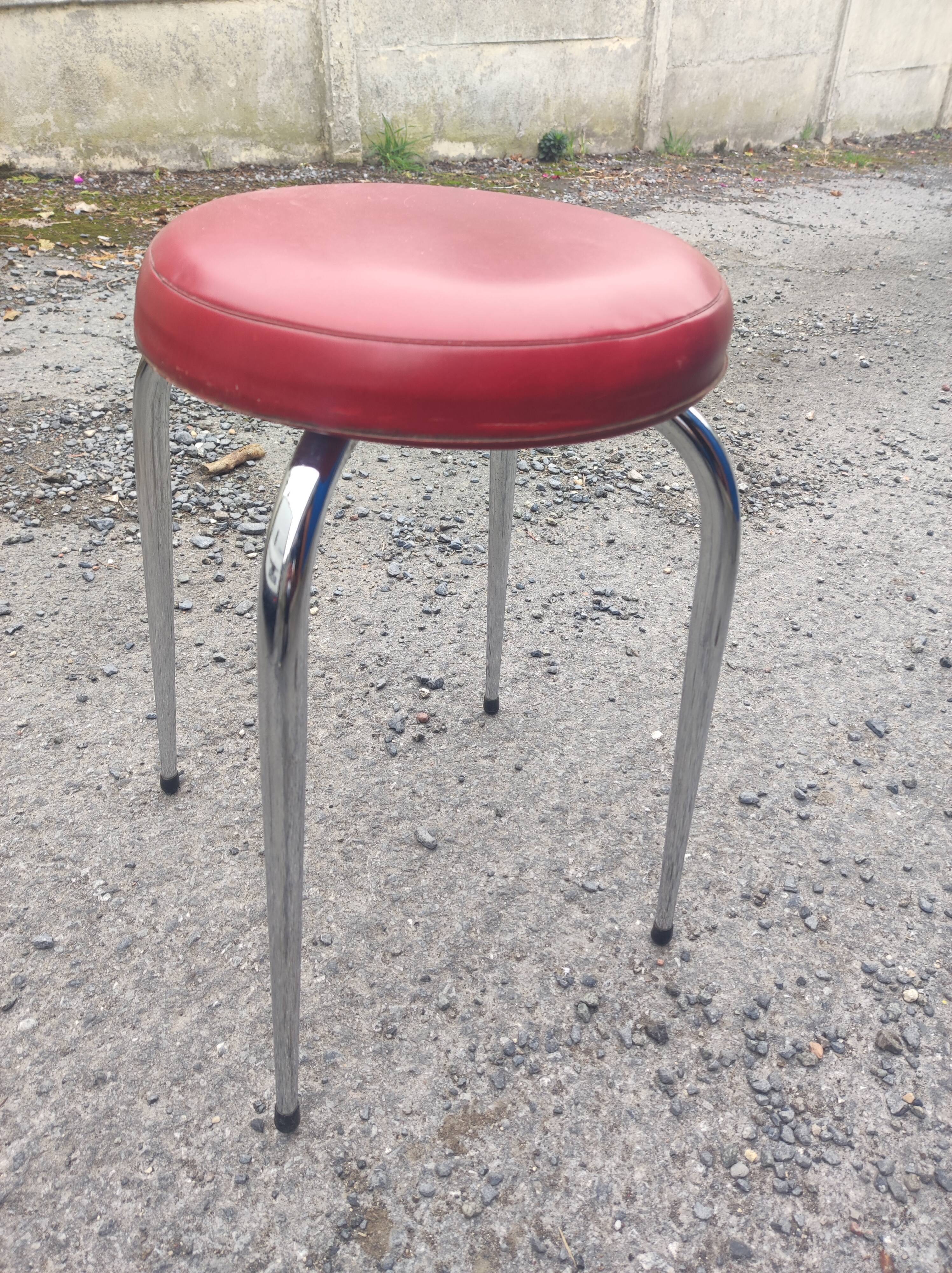 Stool tubing metal chrome seat imitation leather red vintage