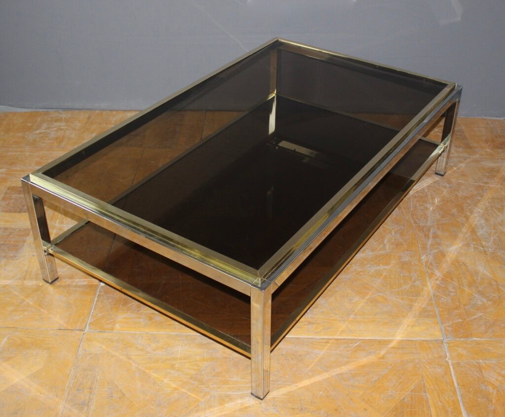 Table basse à double plateaux en chrome et doré vers 1970
