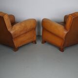 Pair of French Cognac Moustache Back Leather Club Chairs, 1950s