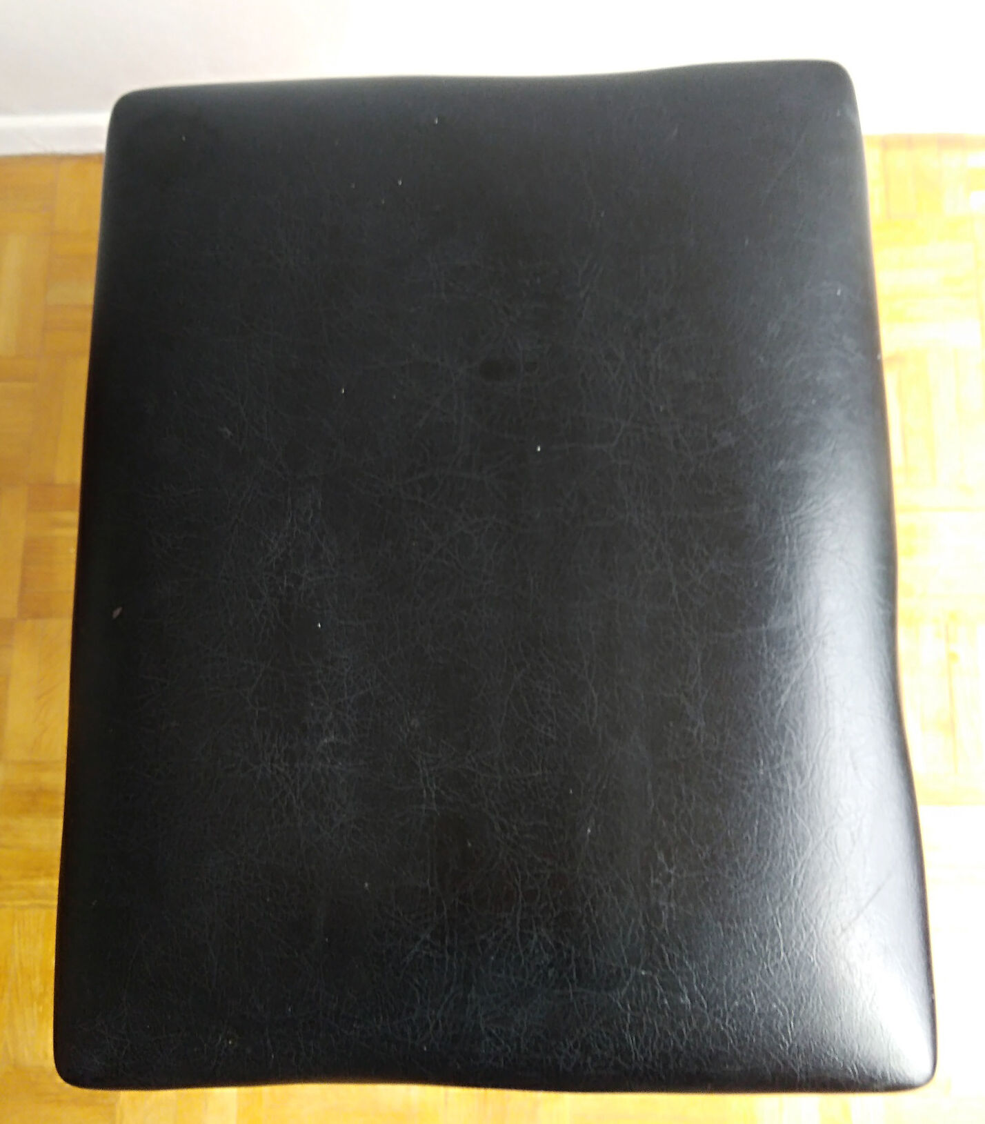 Modernist stool teak metal and black leatherette