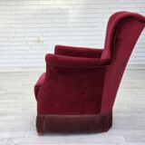 1970s, Danish armchair, cherry-red furniture velour, oak wood legs.