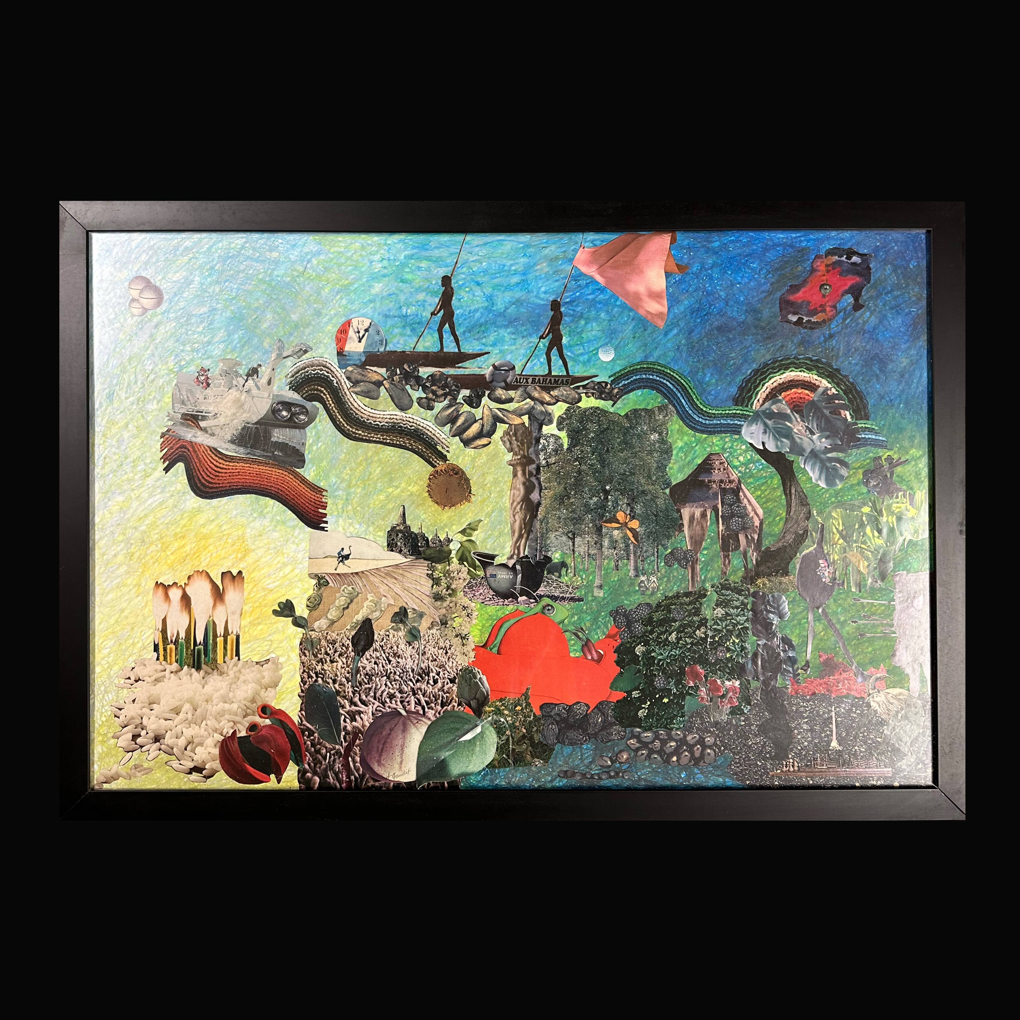 Very large framed surrealist collage by Alain Gaudet 1979