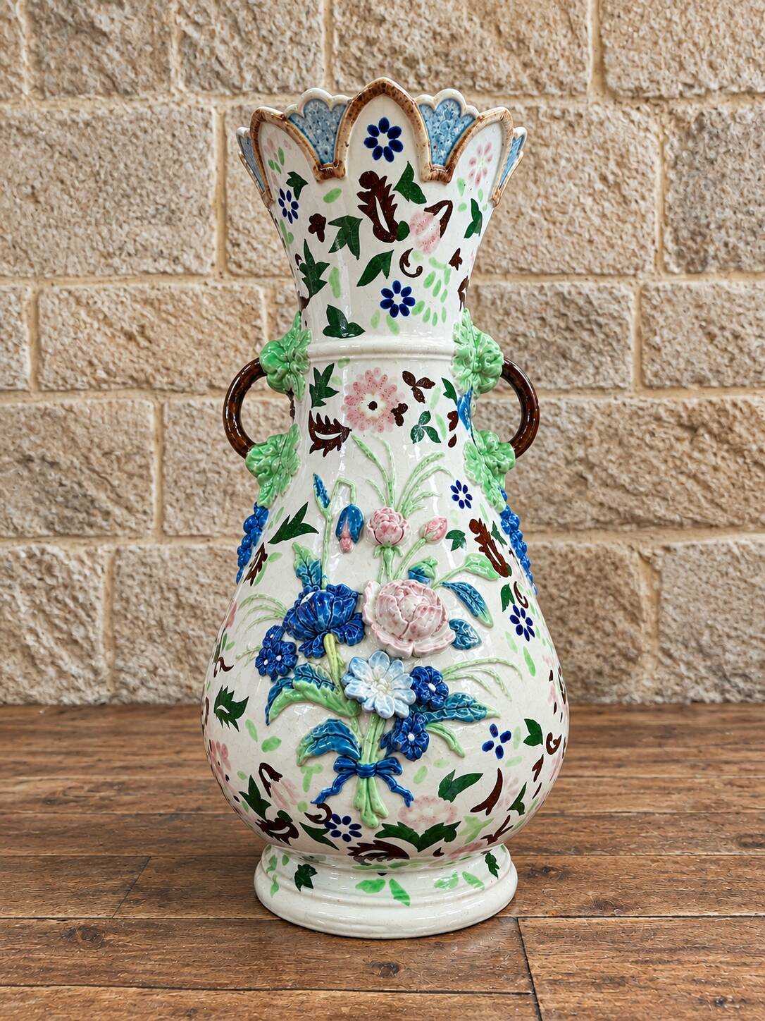 polychrome faience vase with relief floral decoration – 20th century