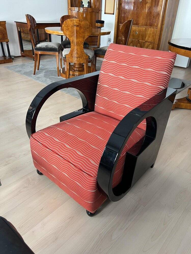 Art Deco Club Chair, Black Lacquer and Red Fabric, France circa 1930