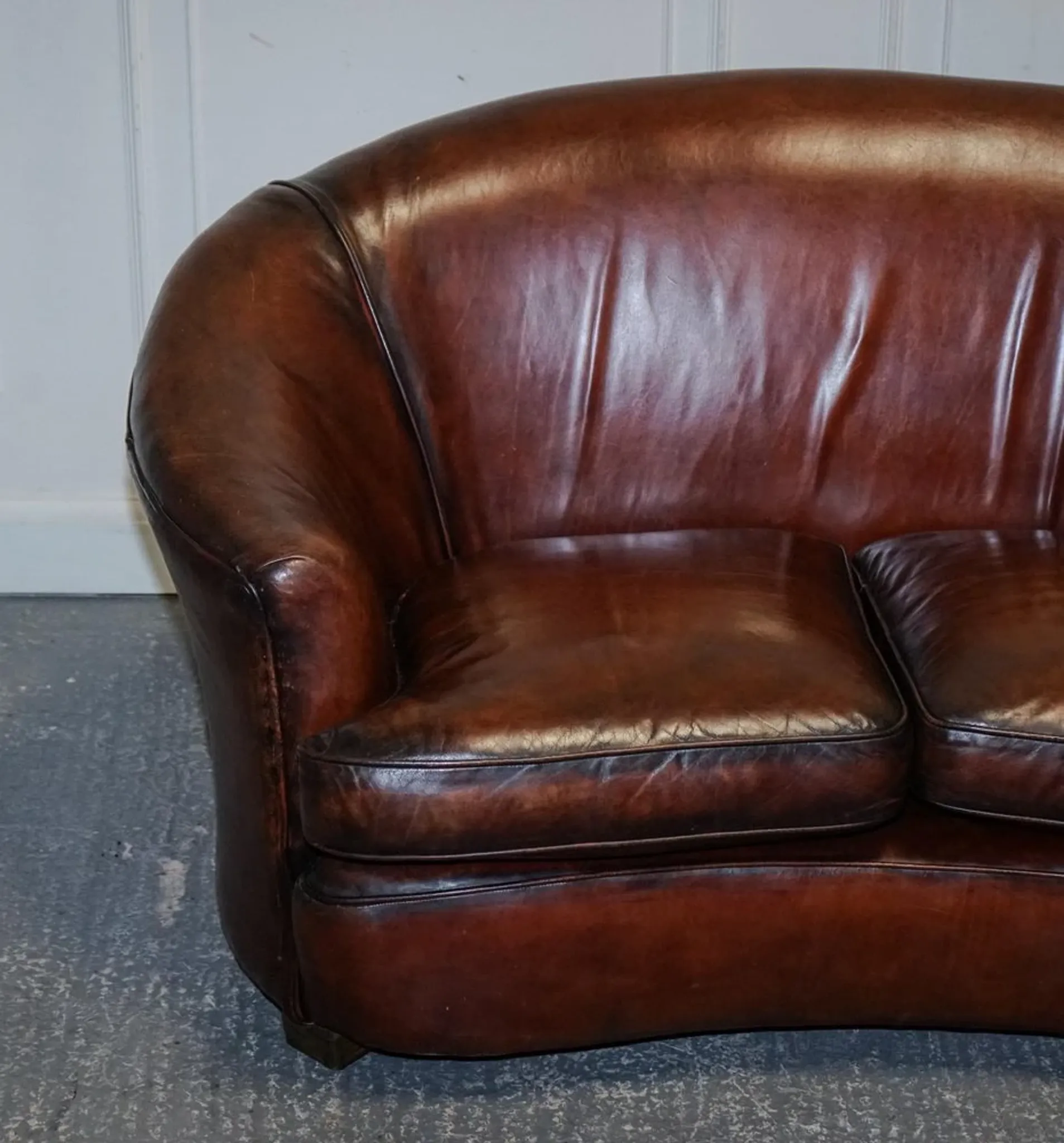 Art Deco Hand-Dyed Whisky Brown Sofa, Armchairs and Ottomans, 1920s, Set of 5