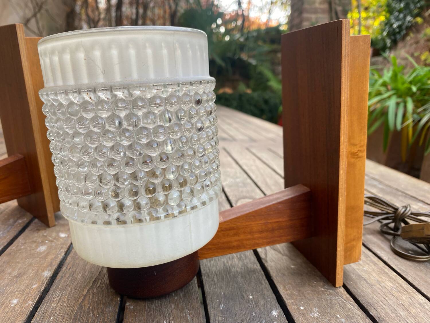 Pair of Scandinavian wall sconces in glass and teak, 1960s