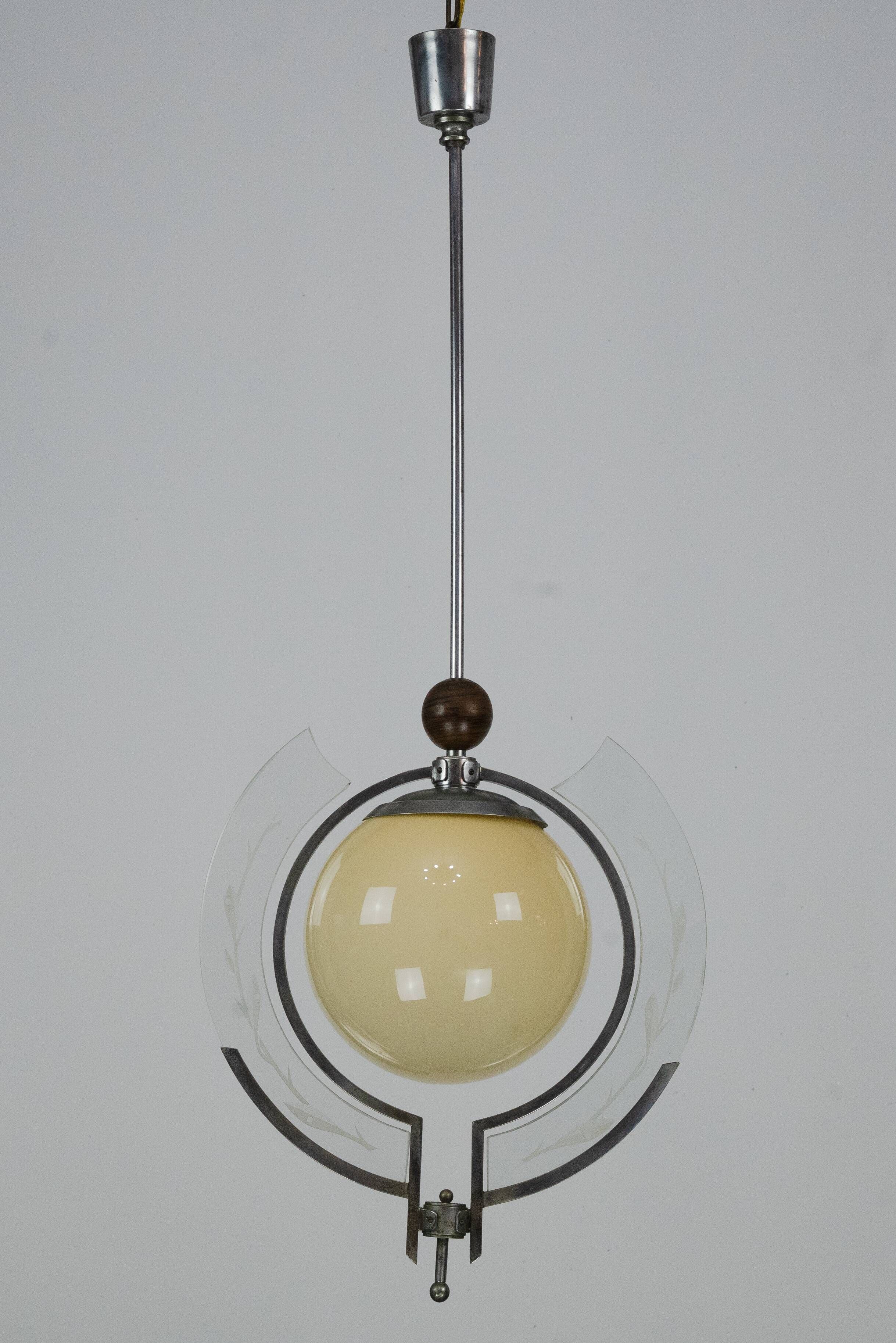 1930s Italian Art Deco Pendant Light with Etched Glass and Amber Globe