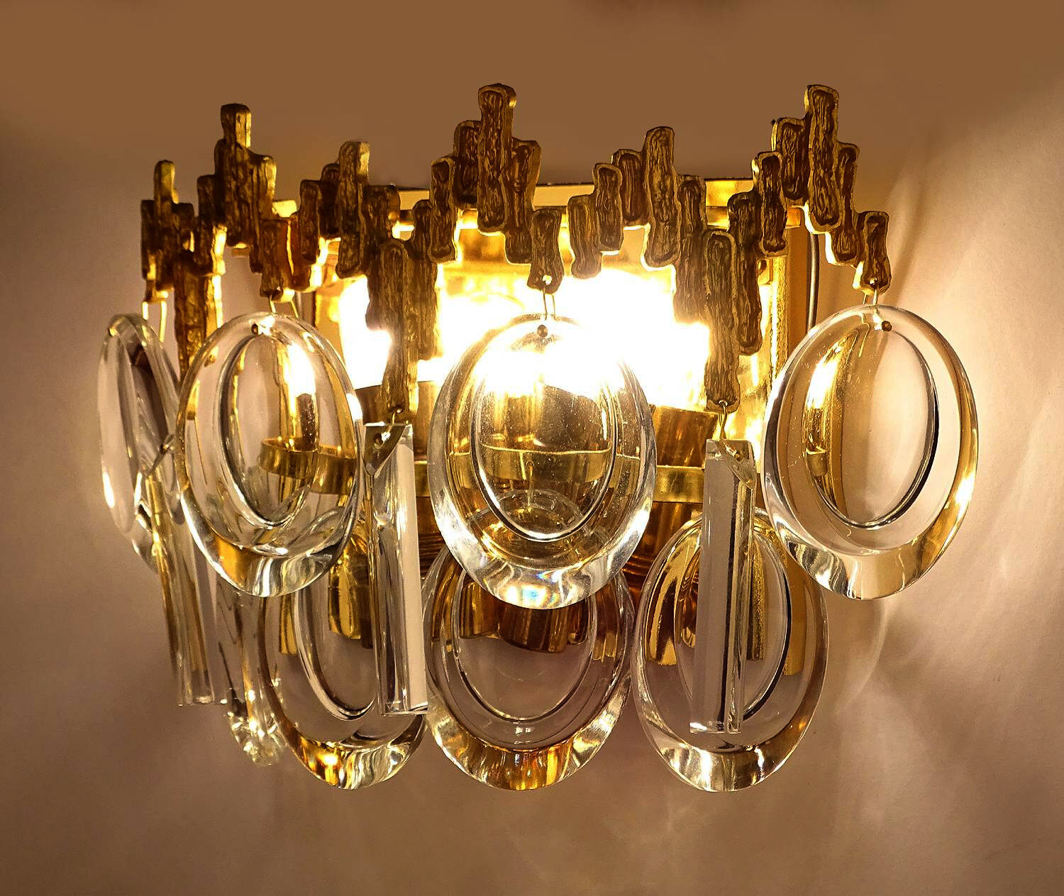 Pair of vintage wall lamps, gold fine gold, crystal, 60s