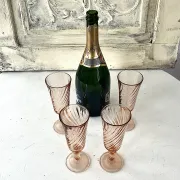 Champagne flutes set of 4, pink French swirl glass stemware