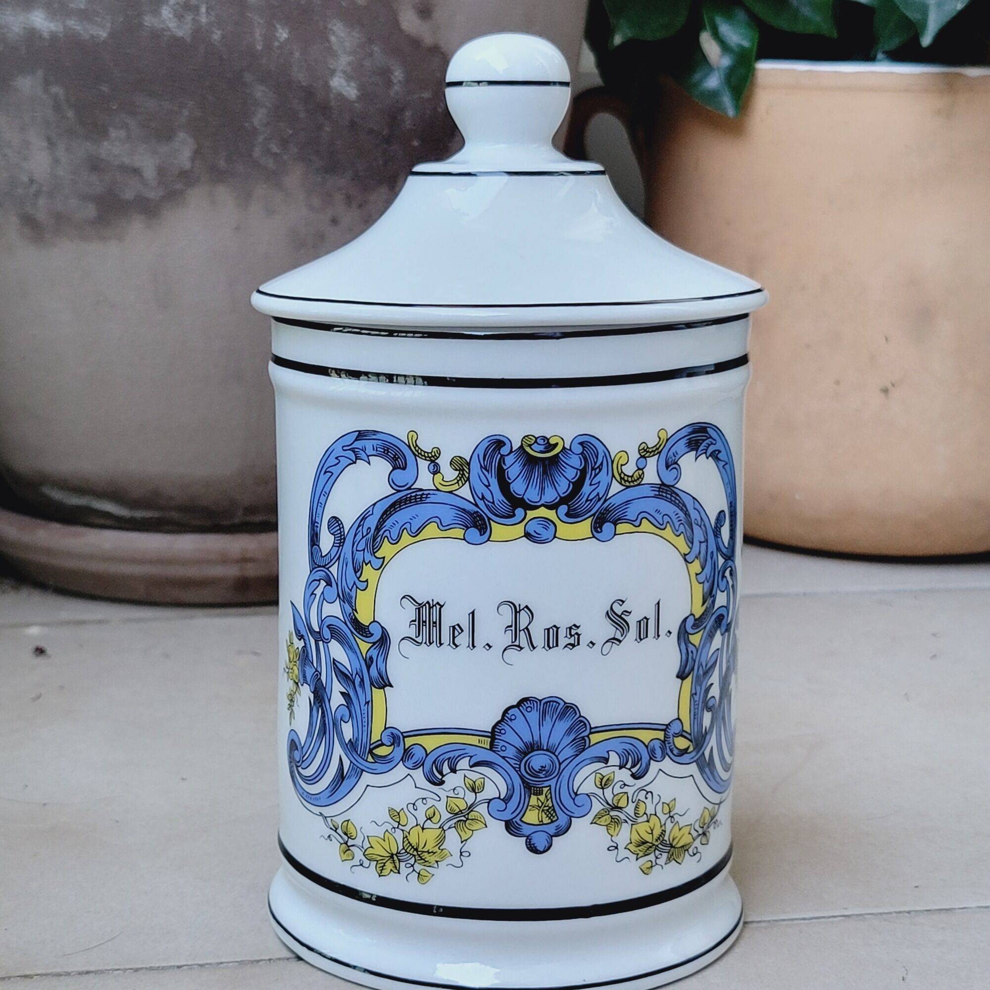 Apothecary pharmacy pot in Mel porcelain. Ros. Ground.