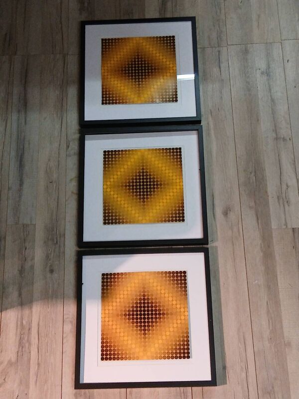 Triptyque Art Optique - 3 Tableaux Vintage - Victor Vasarely - Cadres