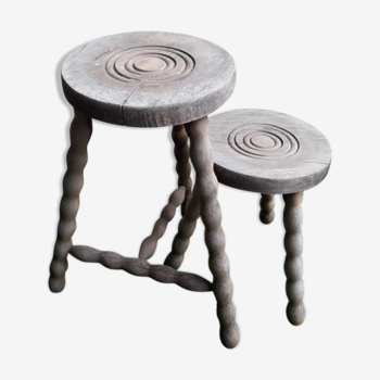 2 rustic 2-degree wooden tripod stools (pair)