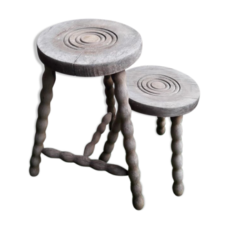 2 rustic 2-degree wooden tripod stools (pair)
