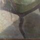 Old painting 1950 interior scene oil on canvas green armchair signed