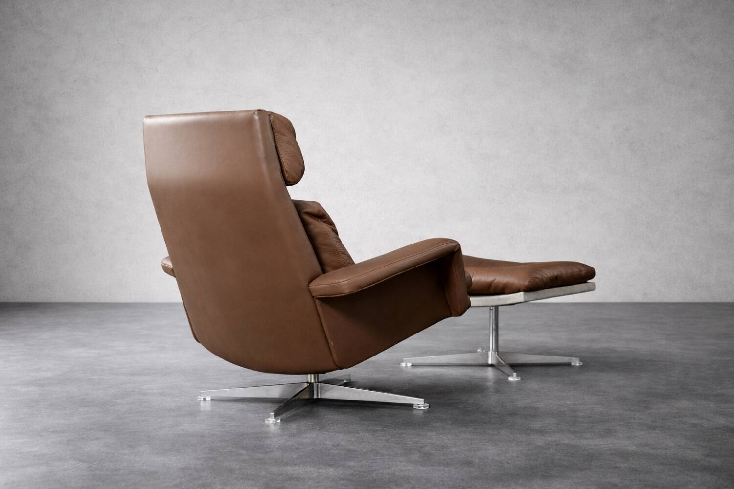 Vintage Mid-Century Danish Modern Brown Leather Swivel Chair and Ottoman