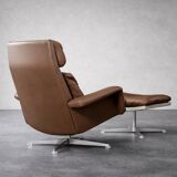 Vintage Mid-Century Danish Modern Brown Leather Swivel Chair and Ottoman