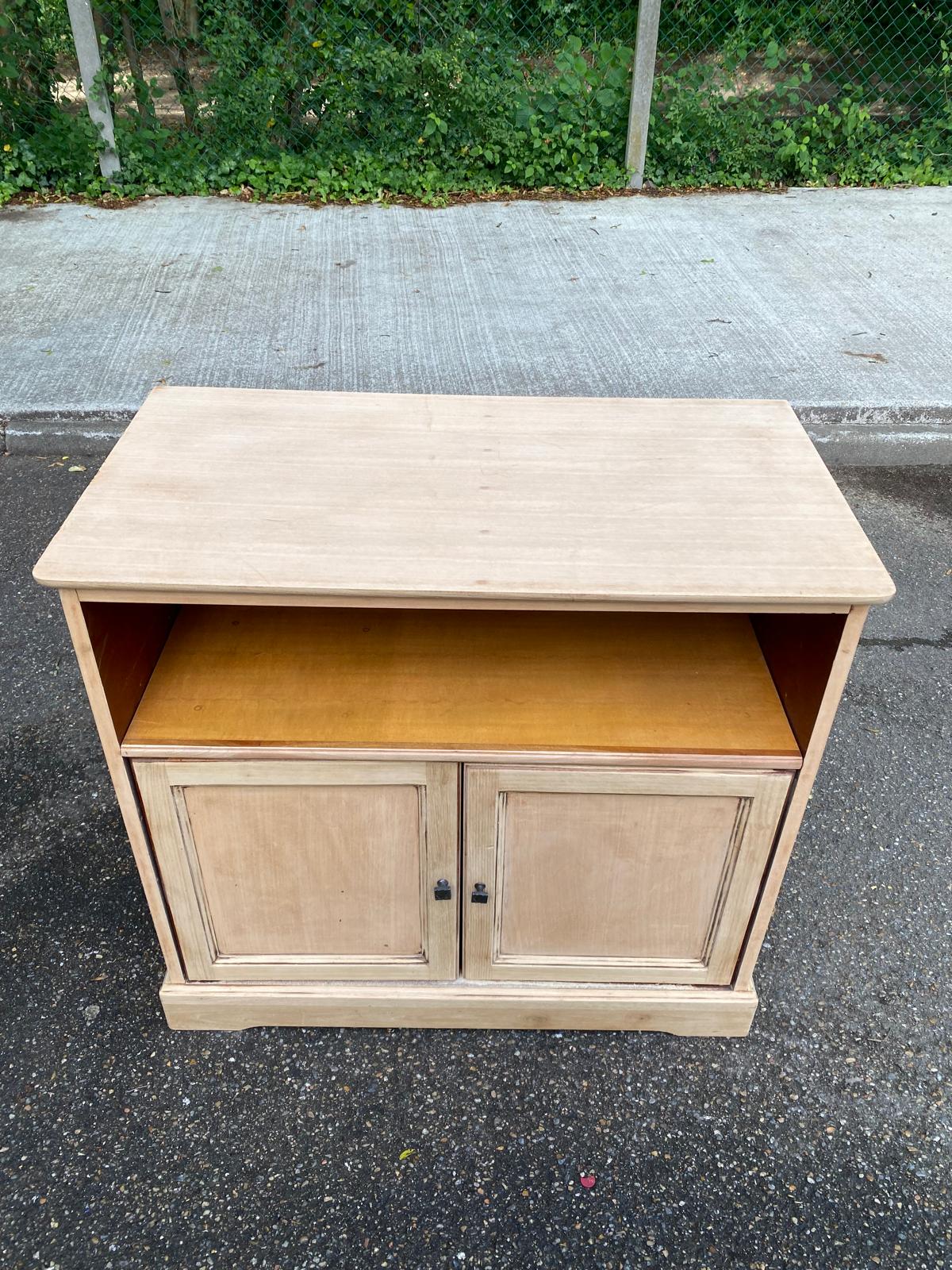 Louis Philippe two-door buffet, renovated TV unit in raw wood.