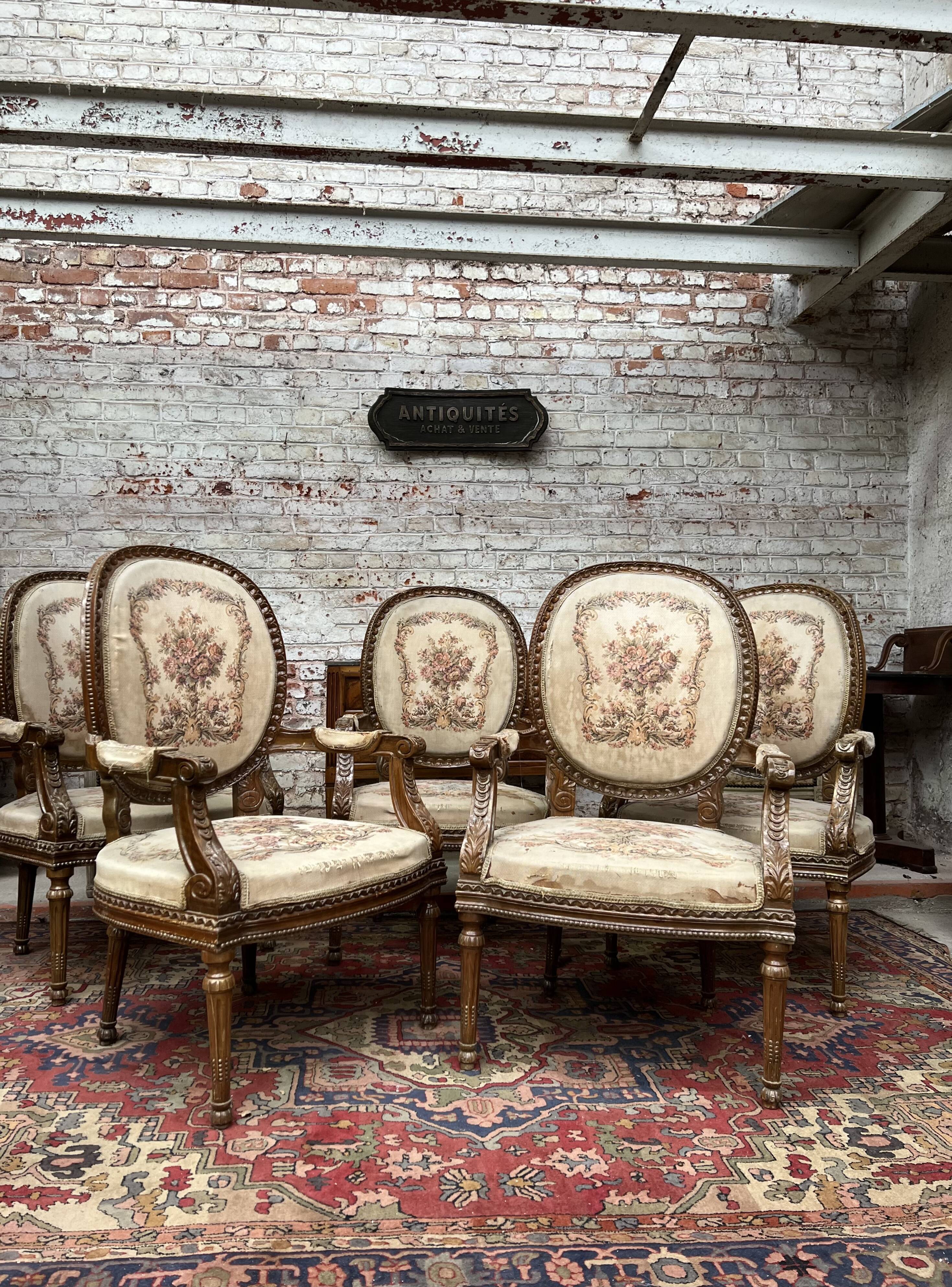 Suite of Five Armchairs with Back Medallion Louis XVI Style