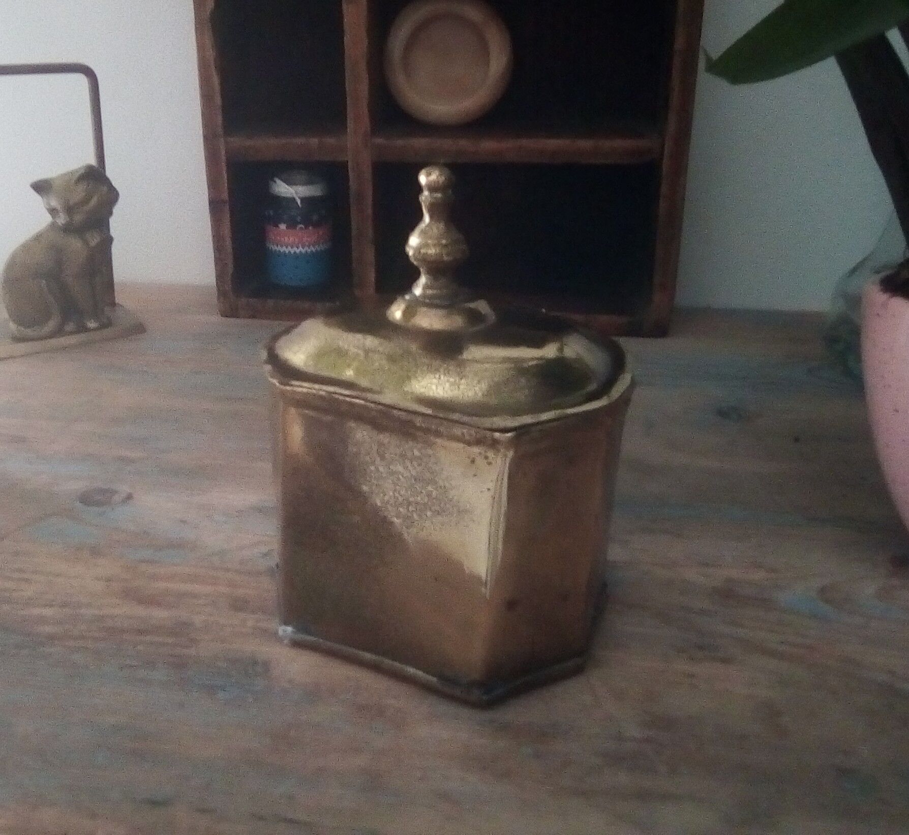 Old, oriental tea box in gilded copper