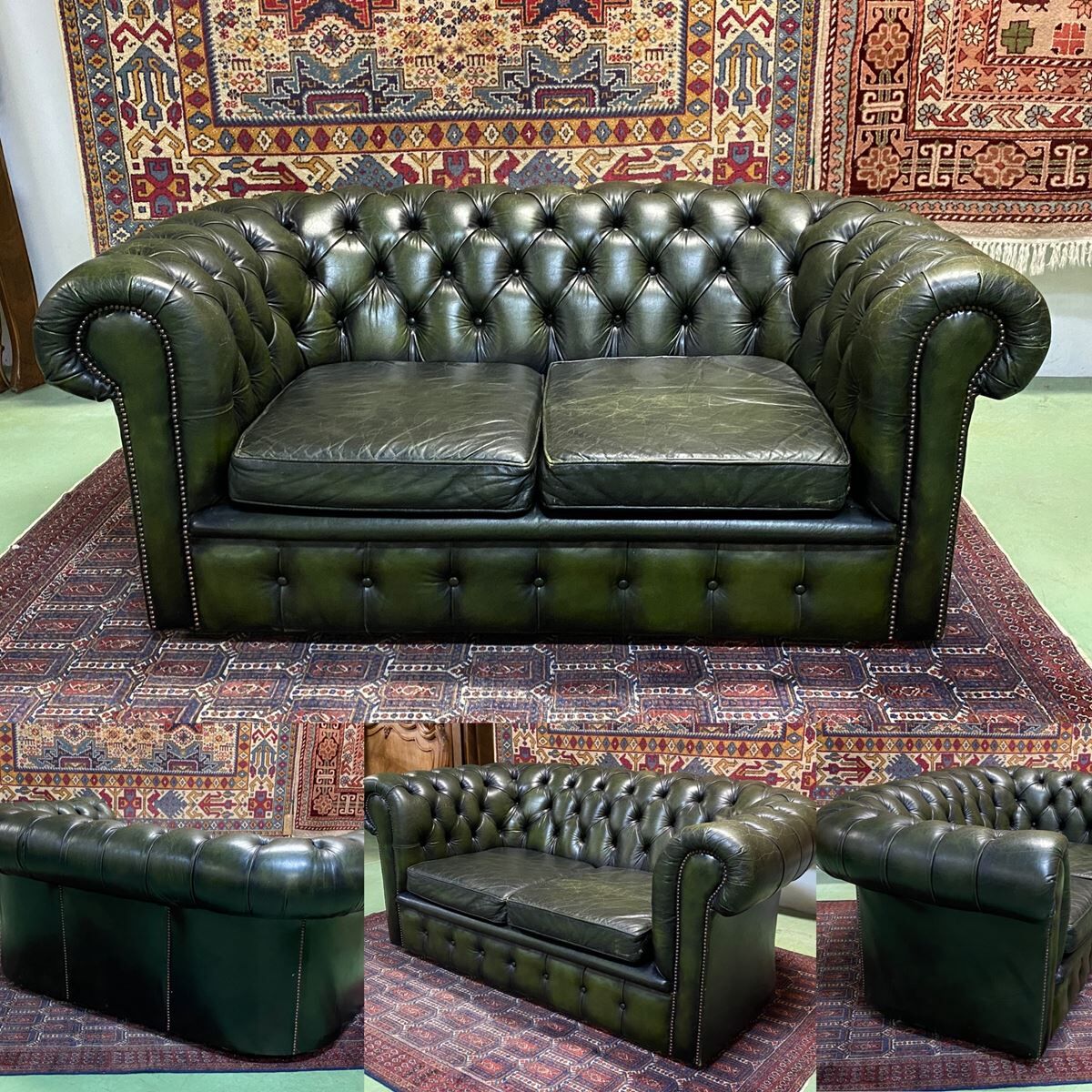 Chesterfield 2-seater green leather sofa from the 1980s