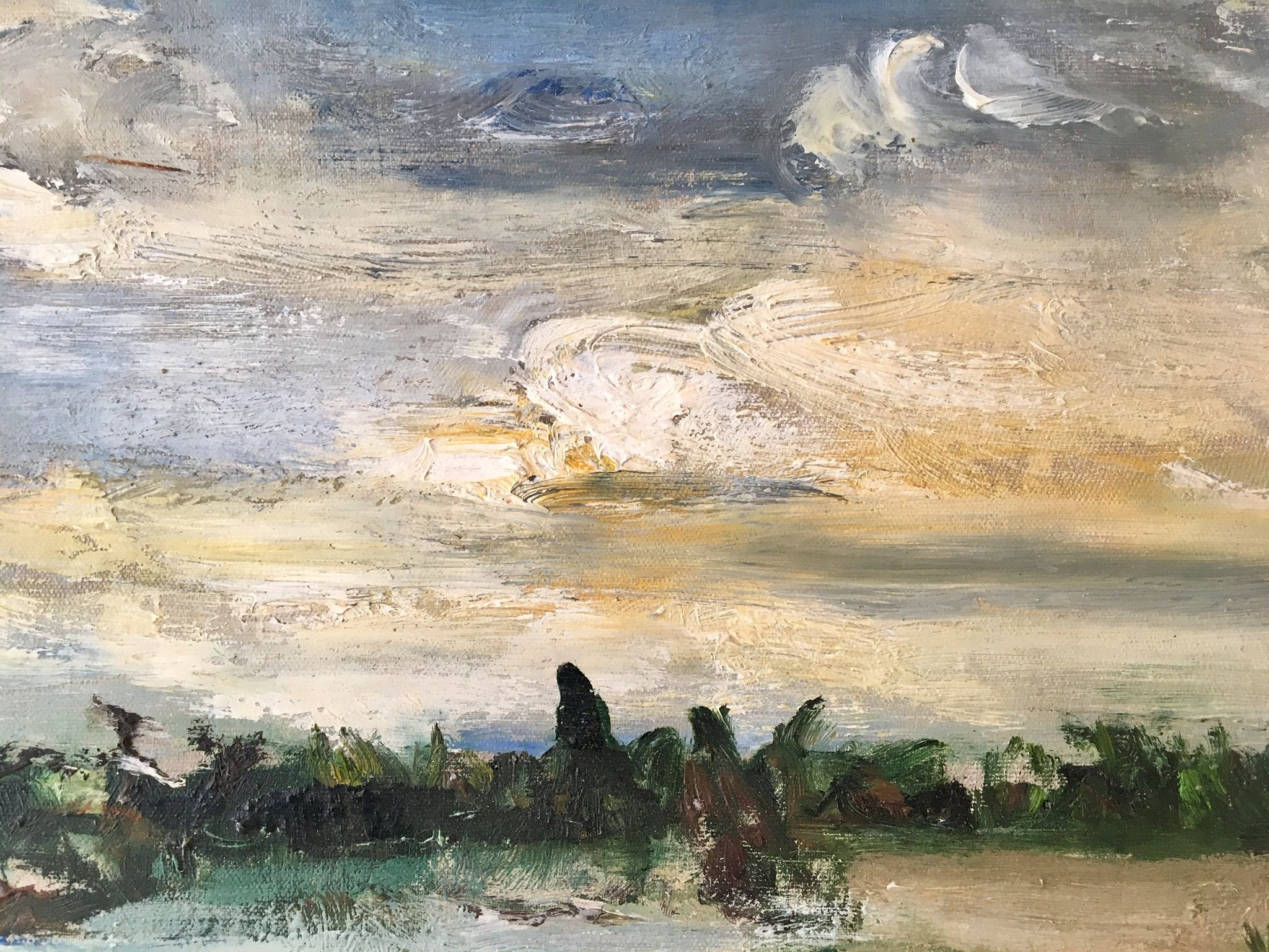 Painting, oil on canvas, landscape, sunset, signed Guerin