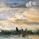 Painting, oil on canvas, landscape, sunset, signed Guerin