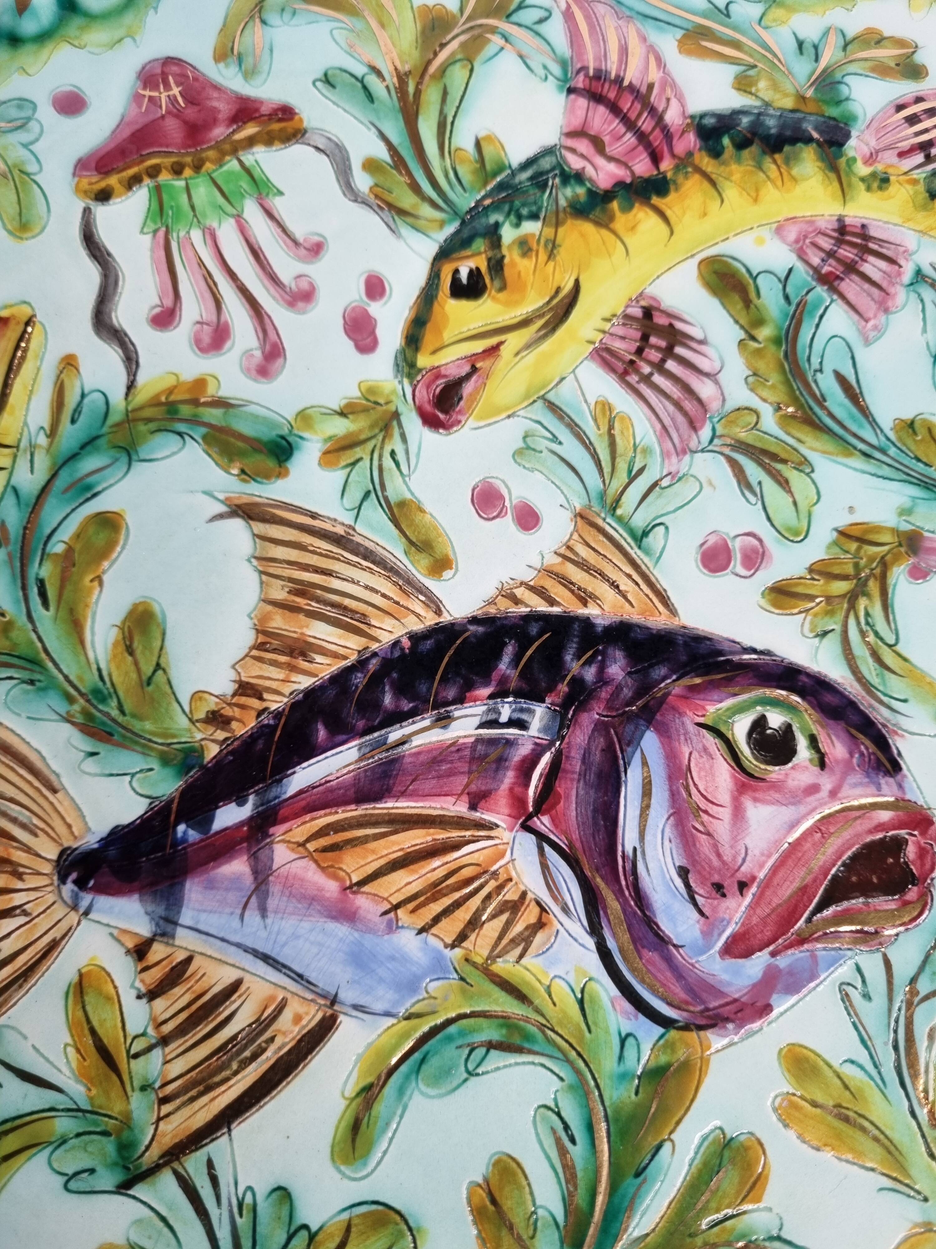 Vintage decorative dish Cerart Monaco fish decor signed ceramic, 37 cm