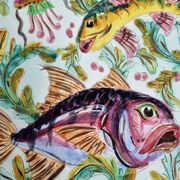 Plat décoratif vintage Cerart Monaco décor poissons céramique signée, 37 cm