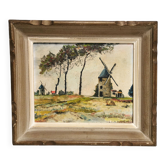 Ancien tableau / huile moulins dans la région de nice