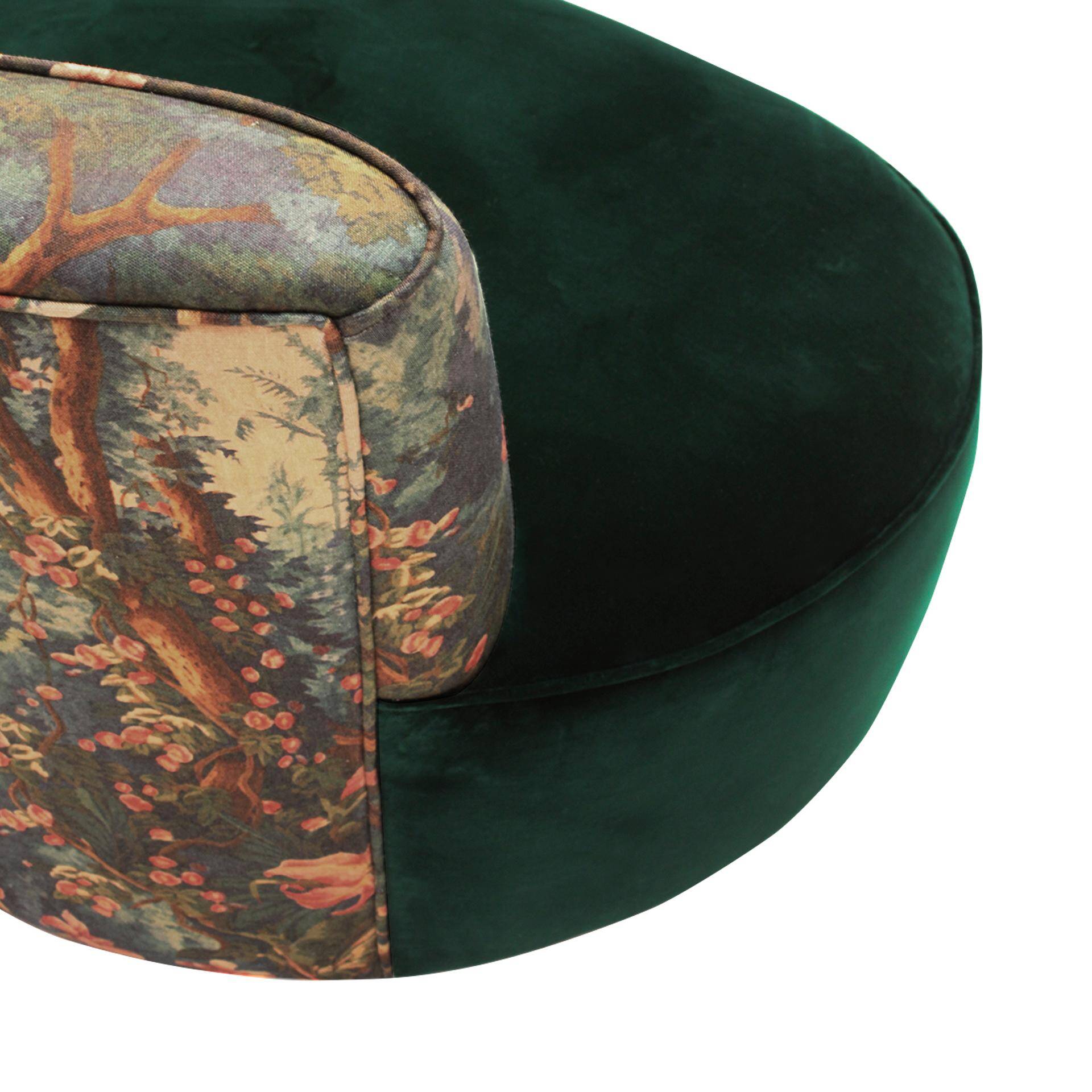 Modern Mid-Century Style Green and Forest Motif Linen and Velvet Armchair France