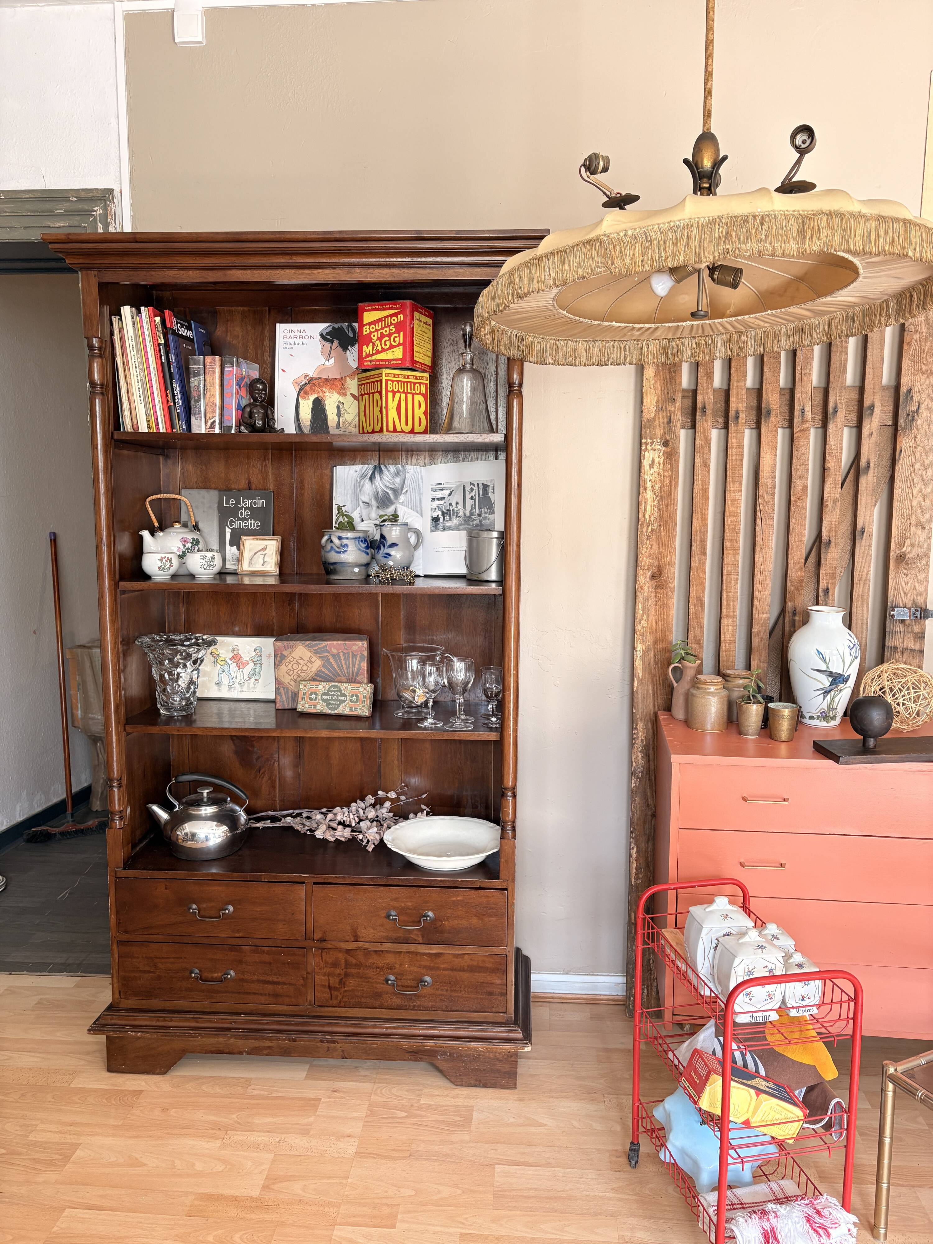 Wooden bookshelf with drawer