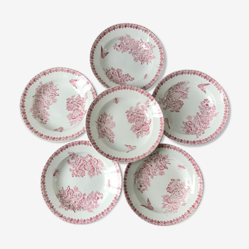 Lot de 6 assiettes creuses Terre de Fer roses fin XIXème