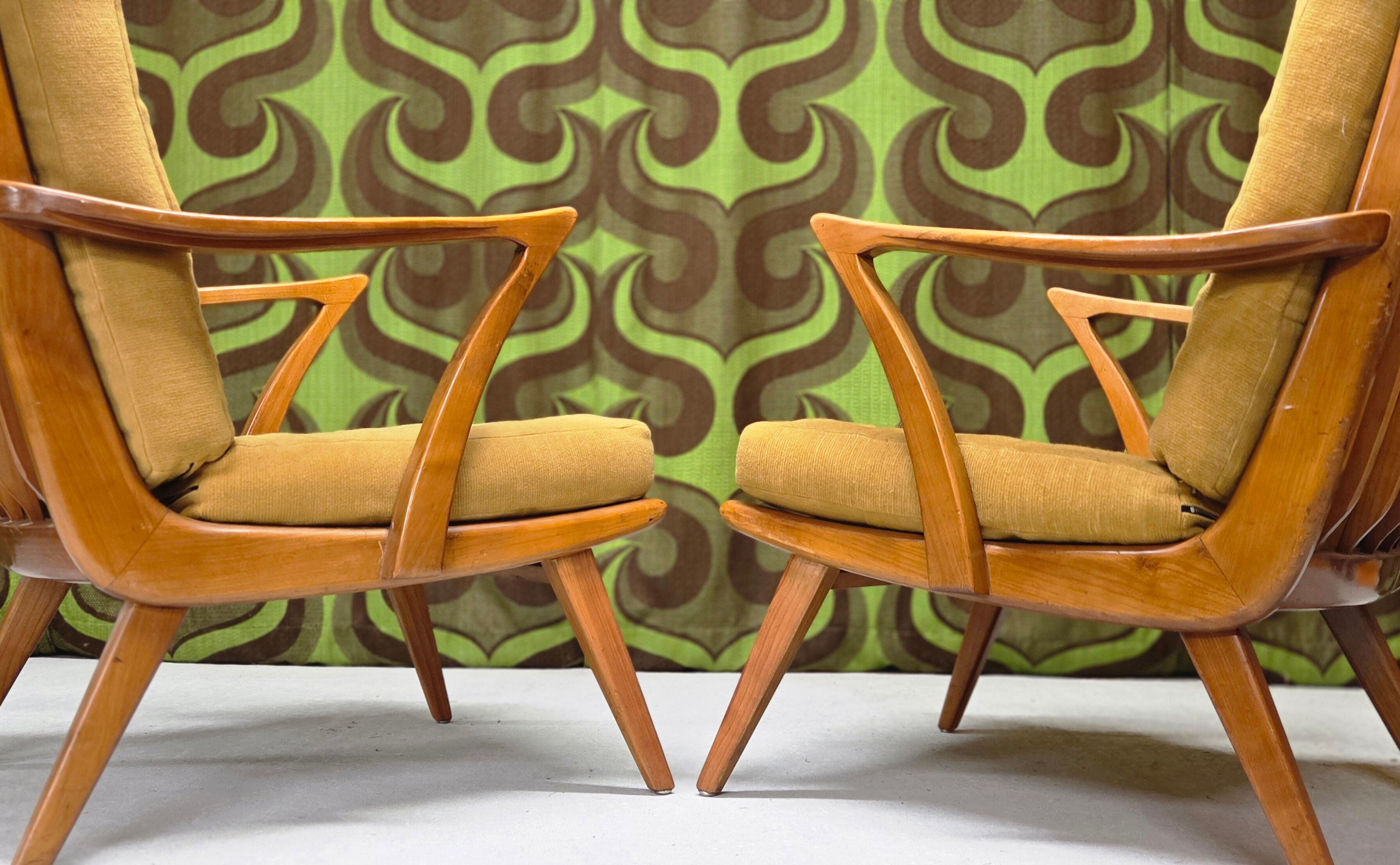 Pair of vintage Scandinavian armchairs 1960 curved beech