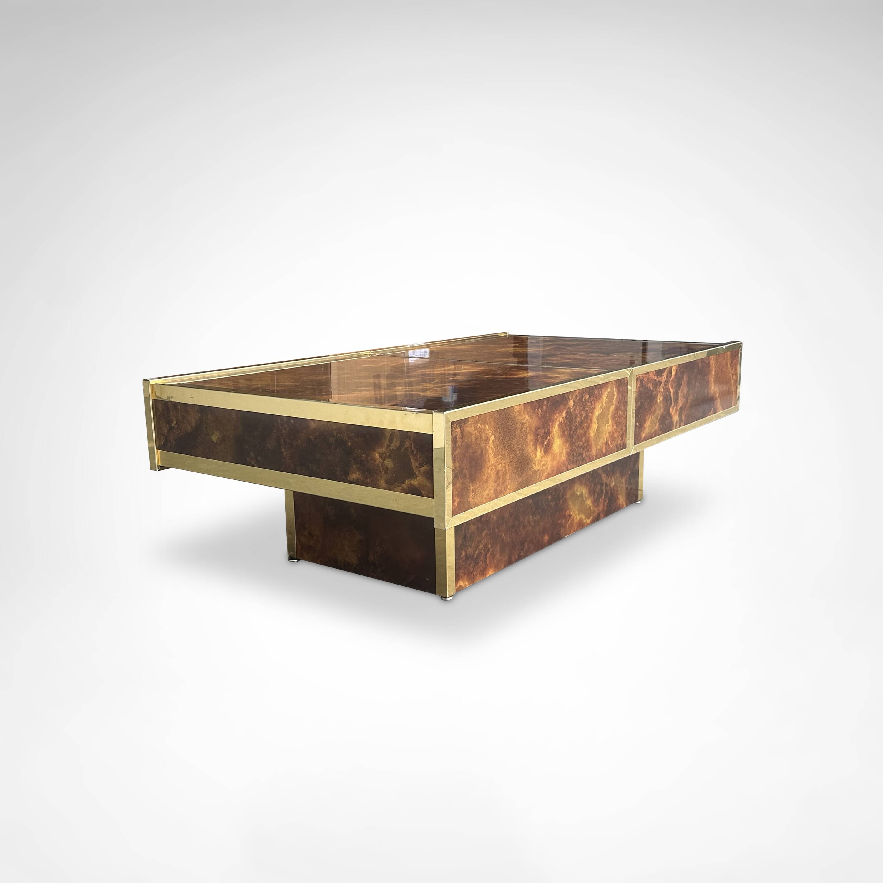 Burl wood and brass metal coffee table with integrated bar by Maison Lancel