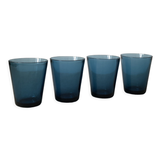 Set of 4 translucent blue water glasses base in very thick glass, sixties model, Vereco FR