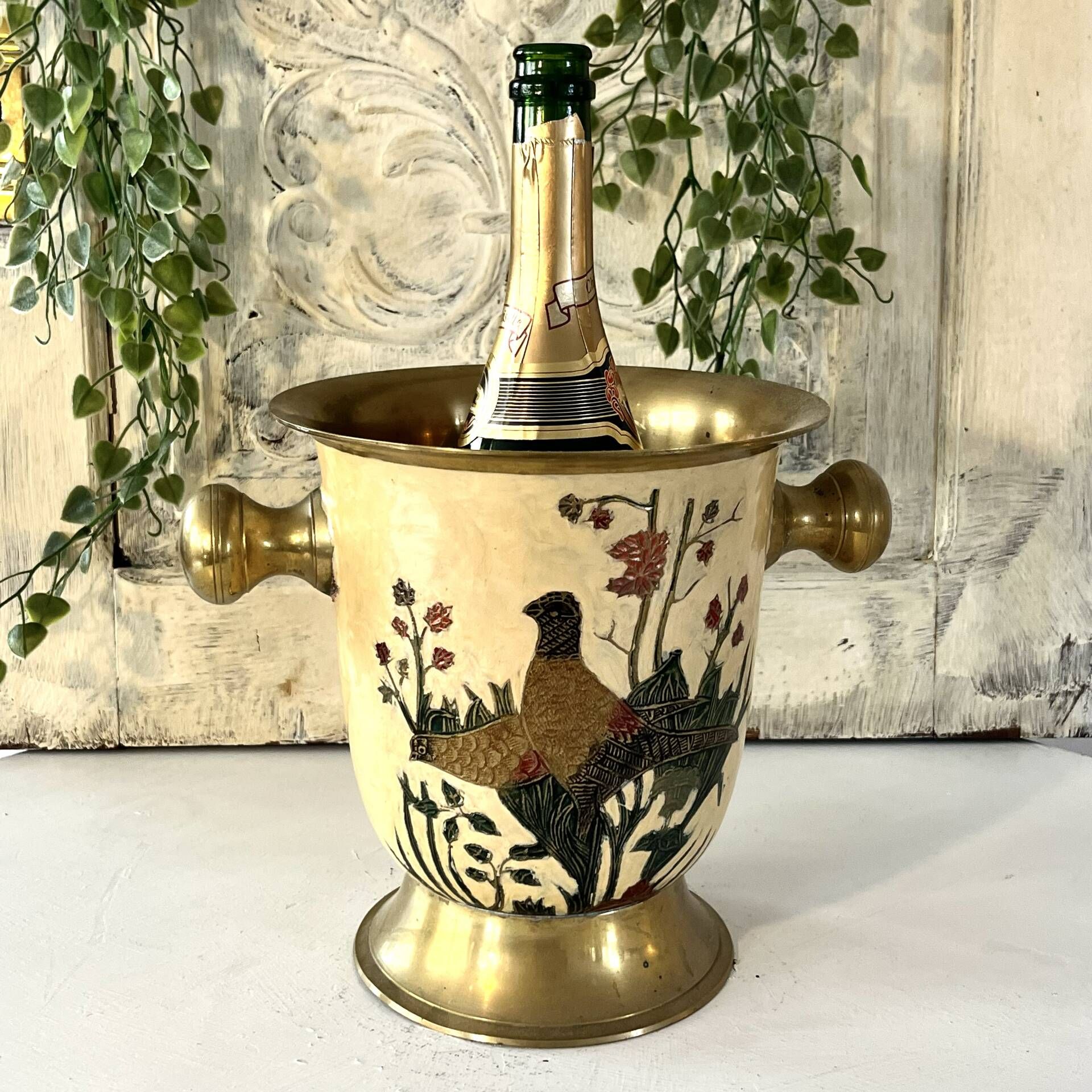 Cloisonne Ice Bucket, Vintage French Peach Enamel Pheasant Floral Desi