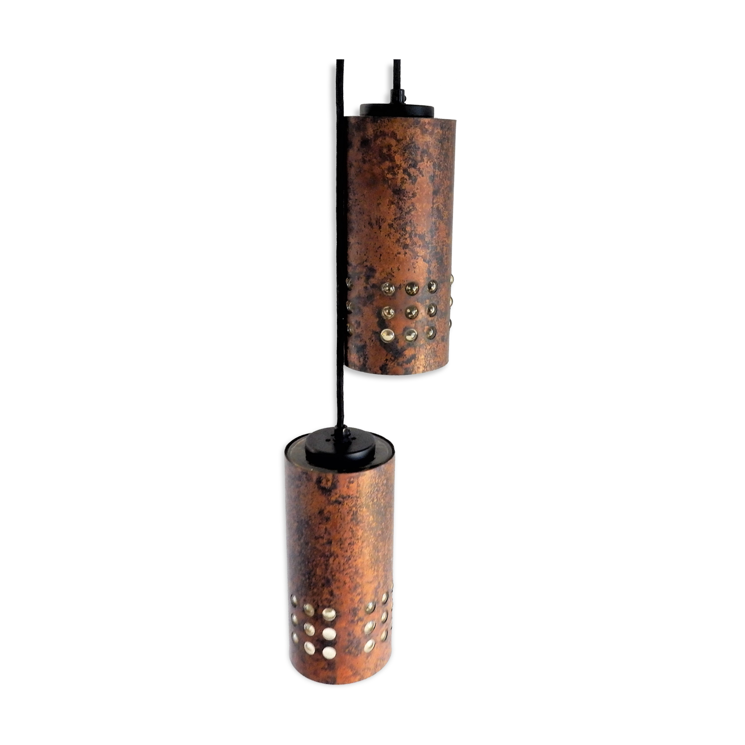 Set of 2 brutalist metal and glass pendant lamps, 1960s