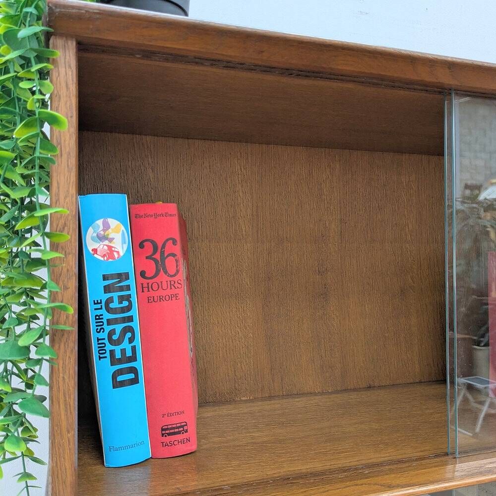 Vintage library by Didier Rozaffy for Oscar, oak and glass, 1950s.