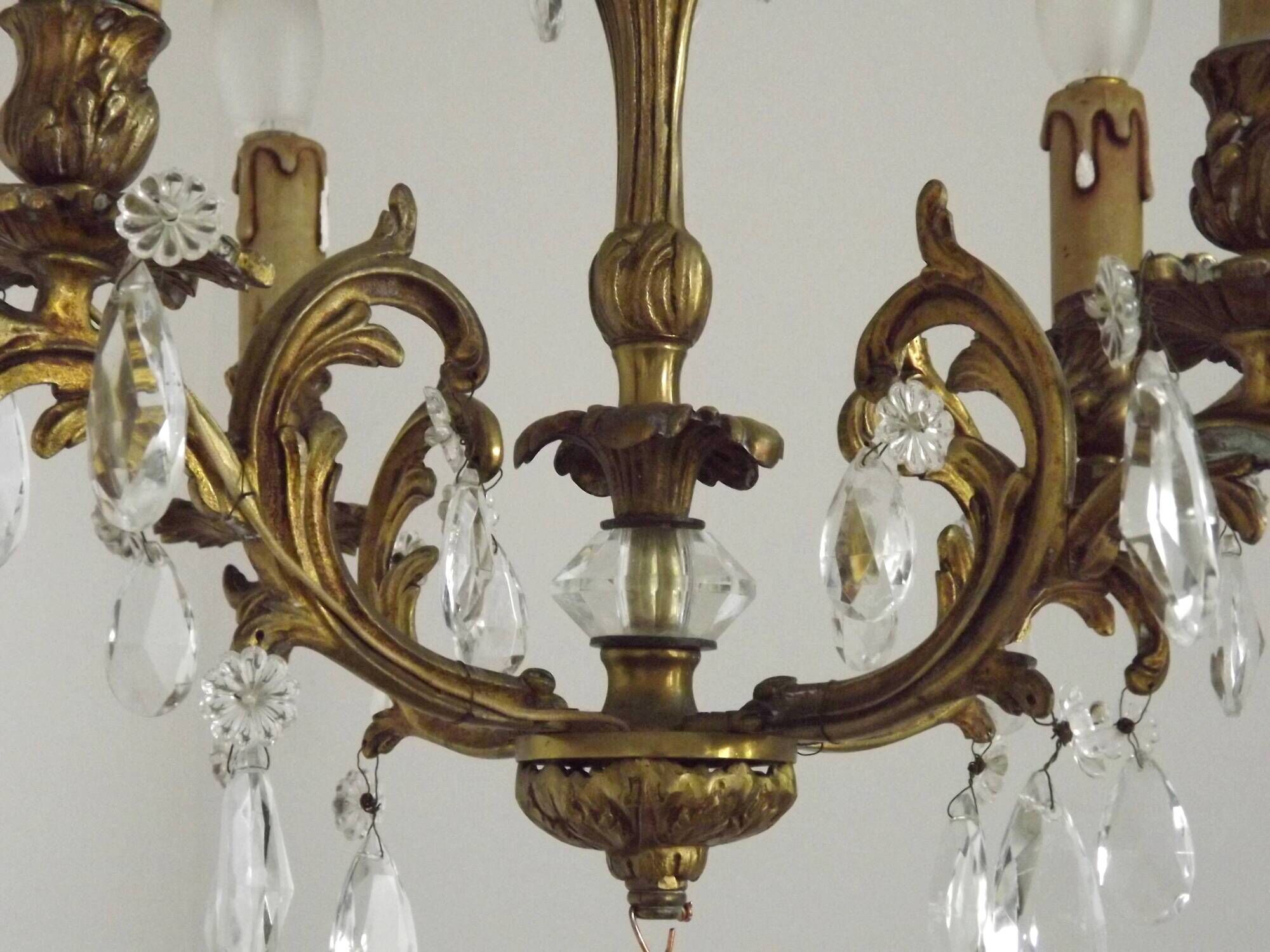 French Vintage Bronze and Glass 4 Light Art Nouveau Crystal Chandelier
