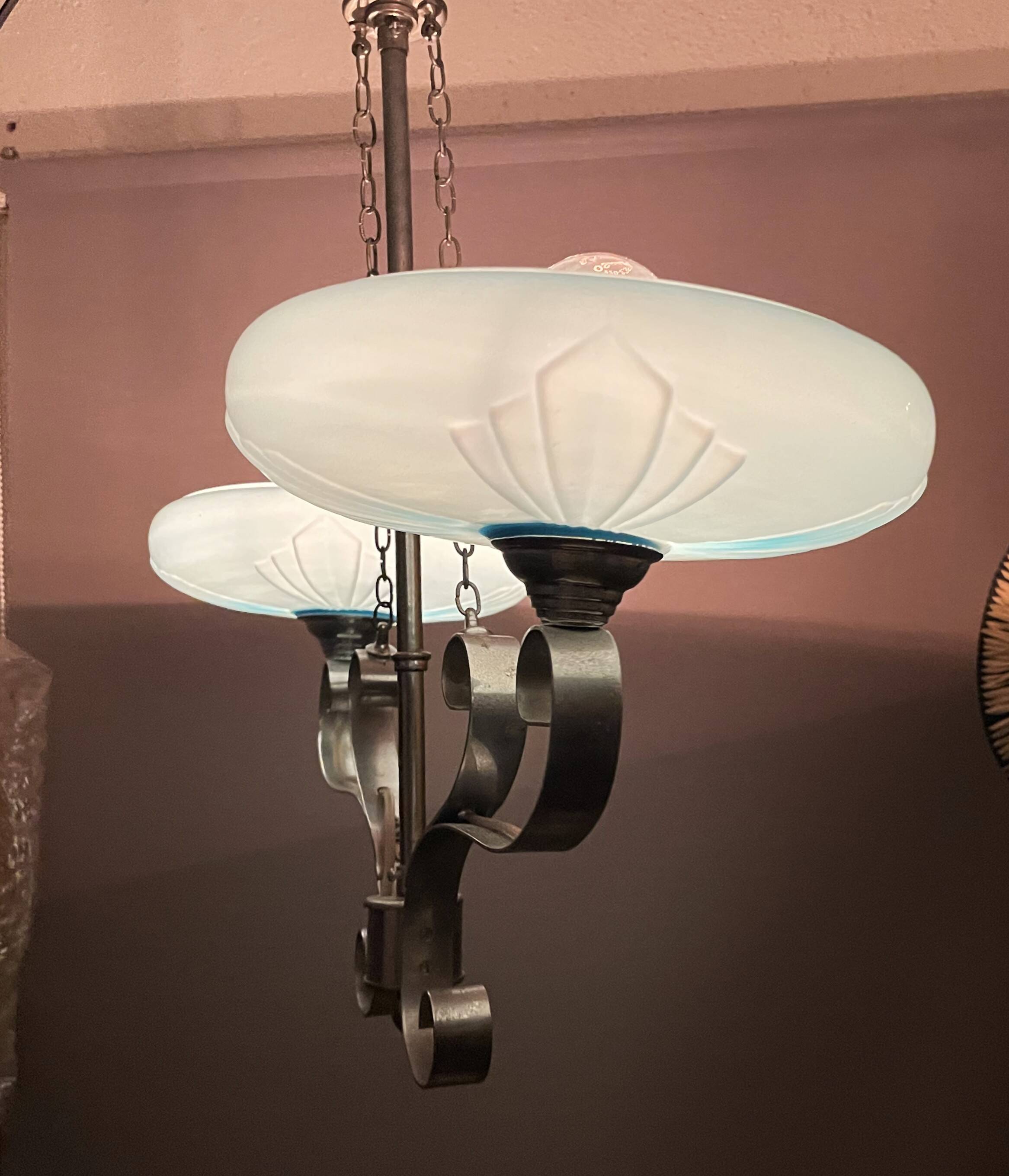 Art Deco chandelier with blue opaline glass