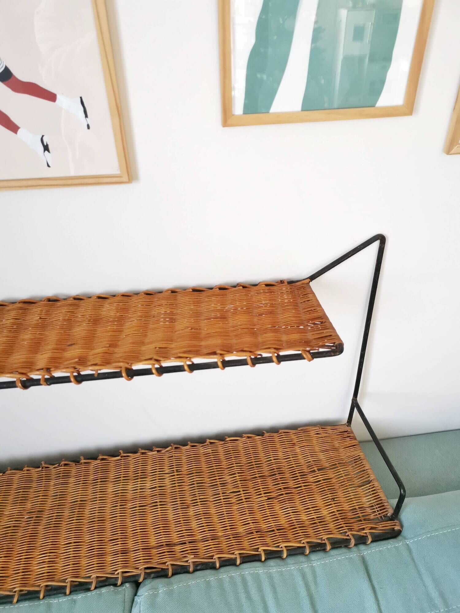 Double shelf Raoul Guys 50s wrought iron and wicker, vintage rattan