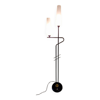 Lampadaire à deux feux - Maison Arlus - En métal laqué noir et doré, globes fuseaux en verre