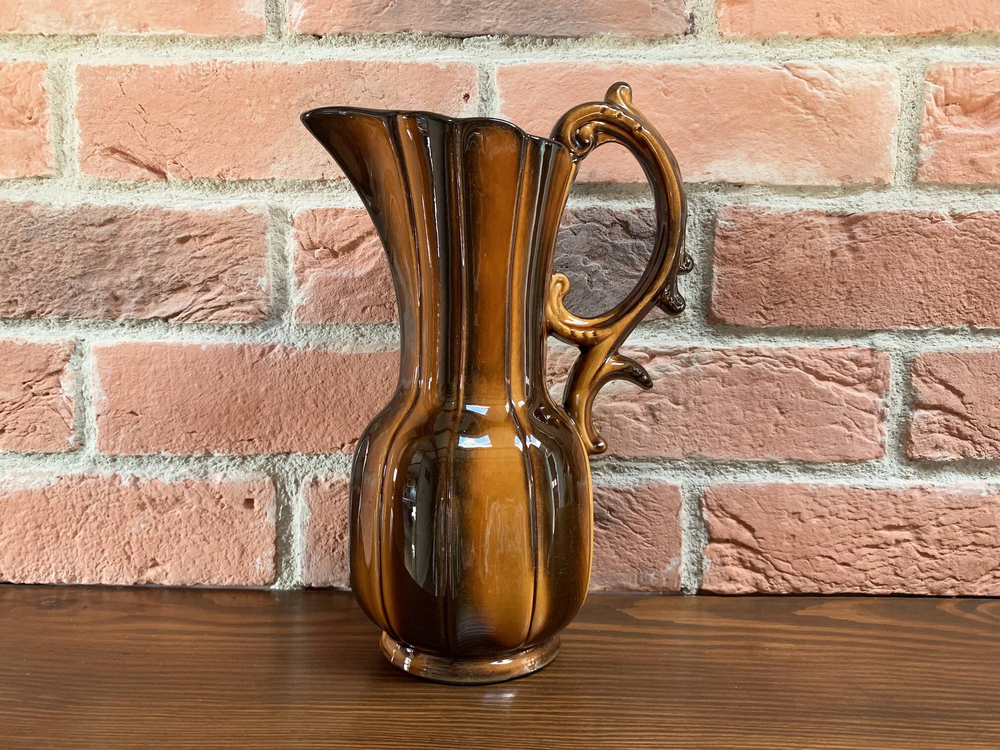 German Pitcher with Vertical Brown Stripes and Rococo Style Handle, Vintage Ceramic Made from Red Cl