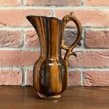 German Pitcher with Vertical Brown Stripes and Rococo Style Handle, Vintage Ceramic Made from Red Cl